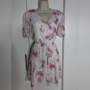 City Vibe Pink and White Puff Sleeve Sundress